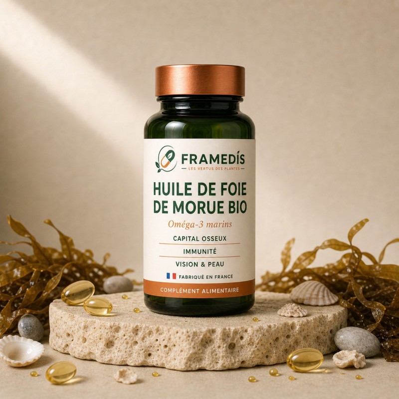 Huile de Foie de Morue BIO 200 capsules — Vitamines A, D, oméga 3 | Framedis