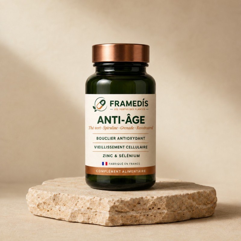 Anti-Âge 200 gélules — Thé vert, spiruline, grenade, resvératrol | Framedis