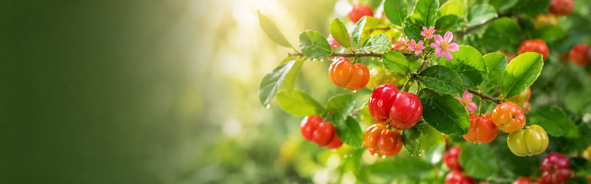 Cerises d'acérola rouges et mûres sur leur branche, feuillage vert sous une lumière tropicale