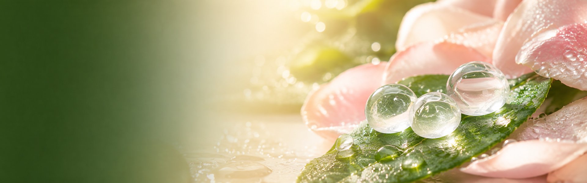 Peau lumineuse et repulpée, gélules d'acide hyaluronique et gouttes d'eau sur un fond clair et naturel