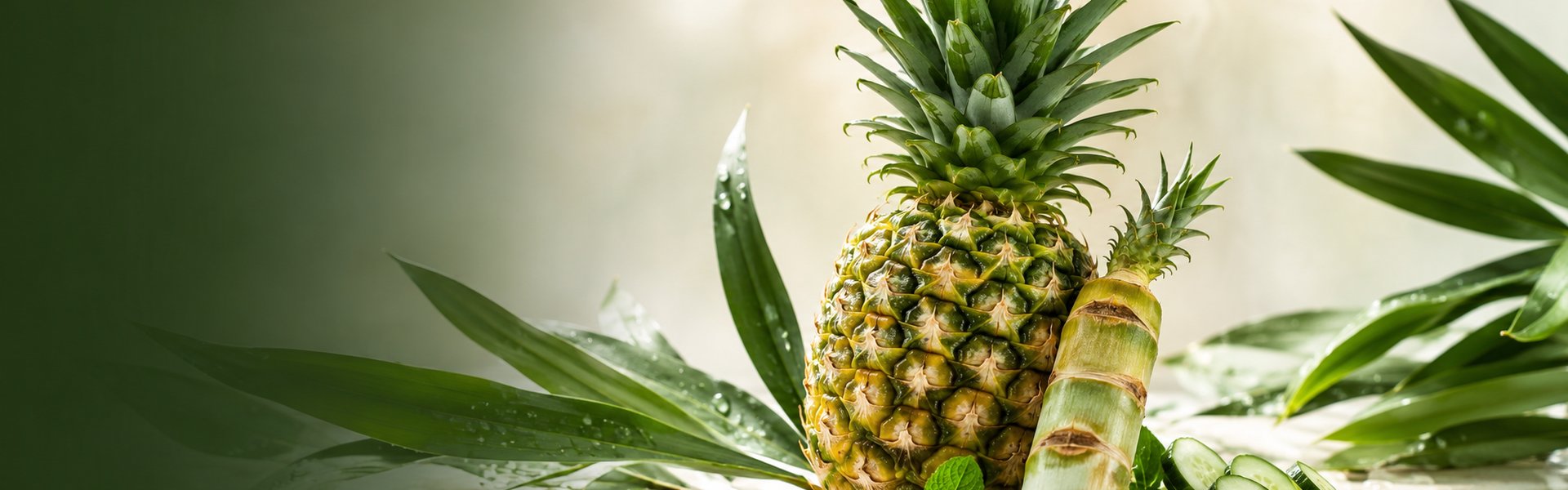 Plant d'ananas et sa tige sur fond naturel, gélules de bromélaïne posées à côté dans une lumière douce