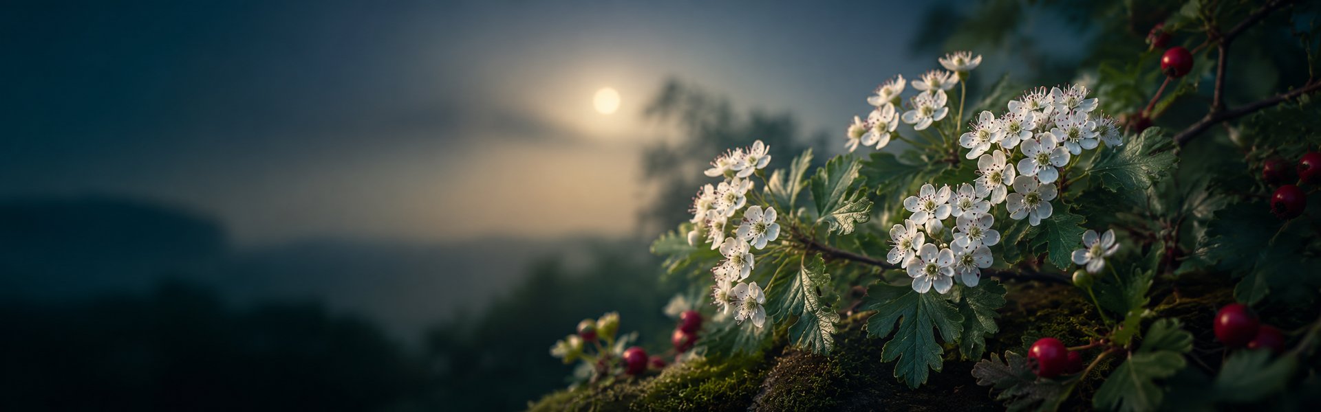 Fleurs blanches d'aubépine en grappes sur une branche épineuse, lumière douce de printemps