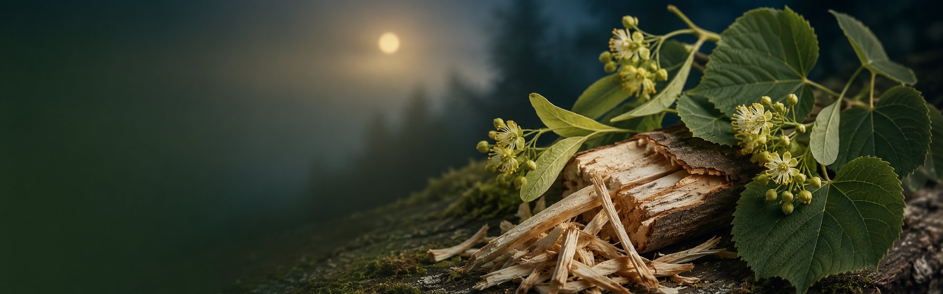 Copeaux d'aubier de tilleul clair et feuilles de tilleul posés près d'un verre d'eau