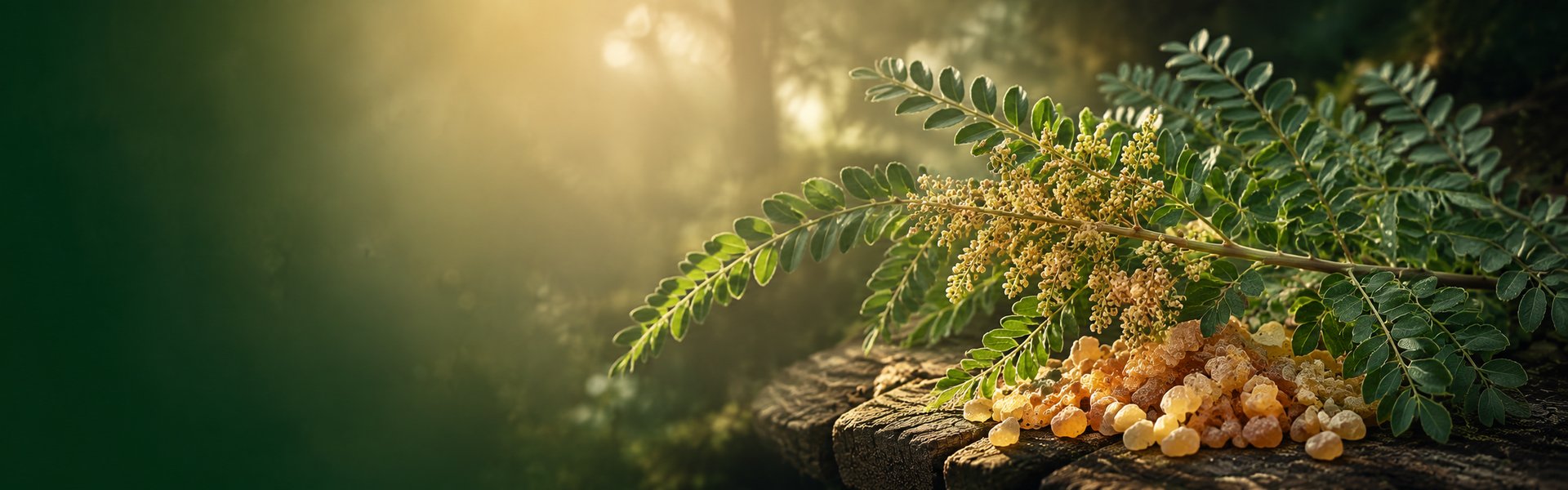 Larmes de résine de boswellia dorées posées près de l'écorce d'un arbre à encens