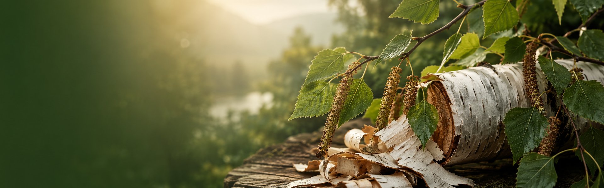 Tronc d'un bouleau blanc à l'écorce claire et feuilles vertes en forme de losange, en forêt