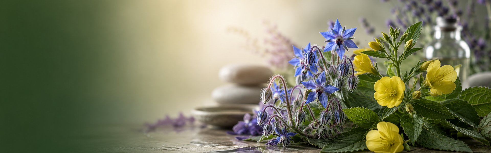 Capsules huileuses dorées entourées de fleurs bleues de bourrache et de fleurs jaunes d'onagre