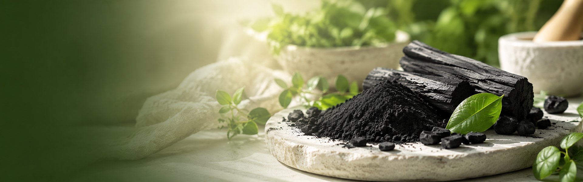 Gélules de charbon végétal activé noir et poudre micronisée sur un fond clair et épuré, ambiance digestion