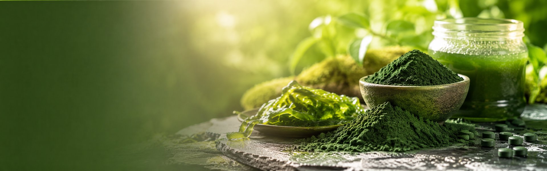 Comprimés verts de chlorella et poudre de micro-algue sur un fond clair et naturel, ambiance vitalité détox