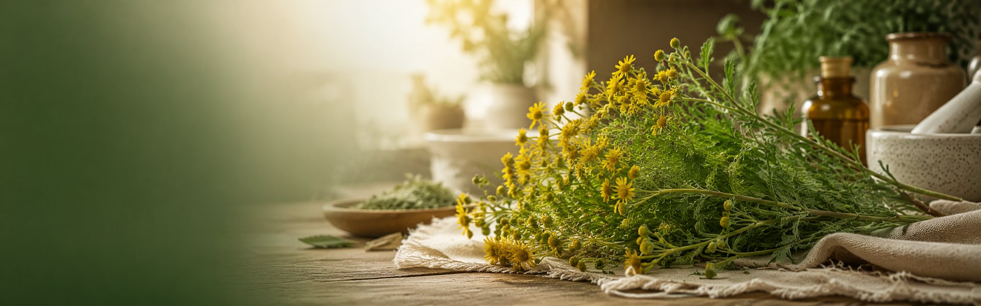 Plante de chrysantellum americanum aux petites fleurs jaunes posée sur un fond de bois clair naturel