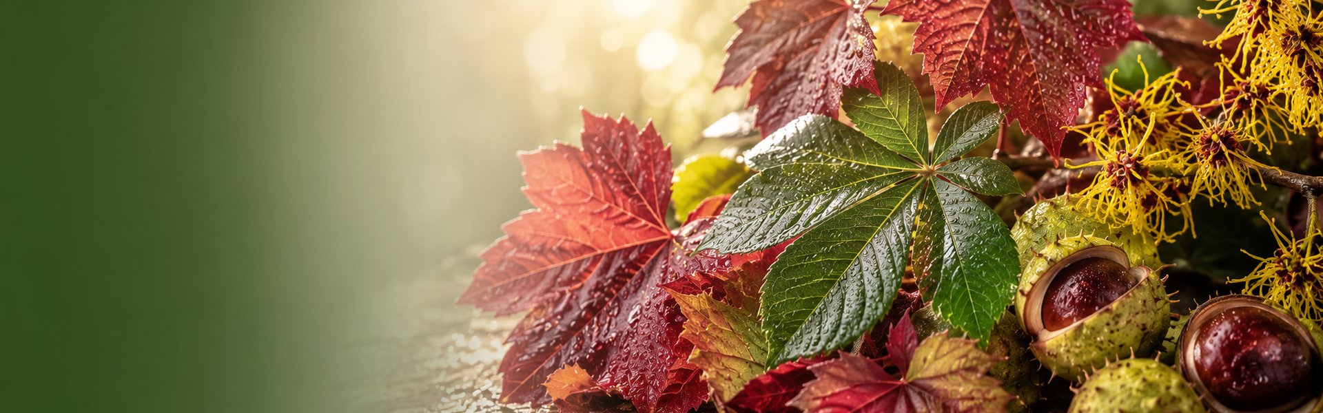Feuilles de vigne rouge et marrons d'Inde évoquant un complexe de plantes pour la circulation et des jambes légères