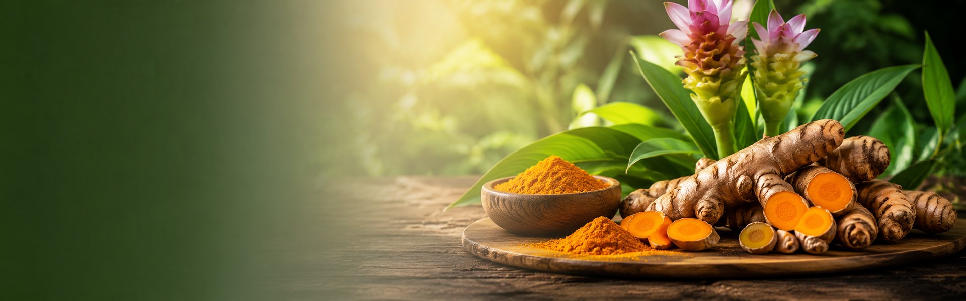Rhizome de curcuma jaune-orangé, poudre de curcuma et grains de poivre noir évoquant la formule synergique
