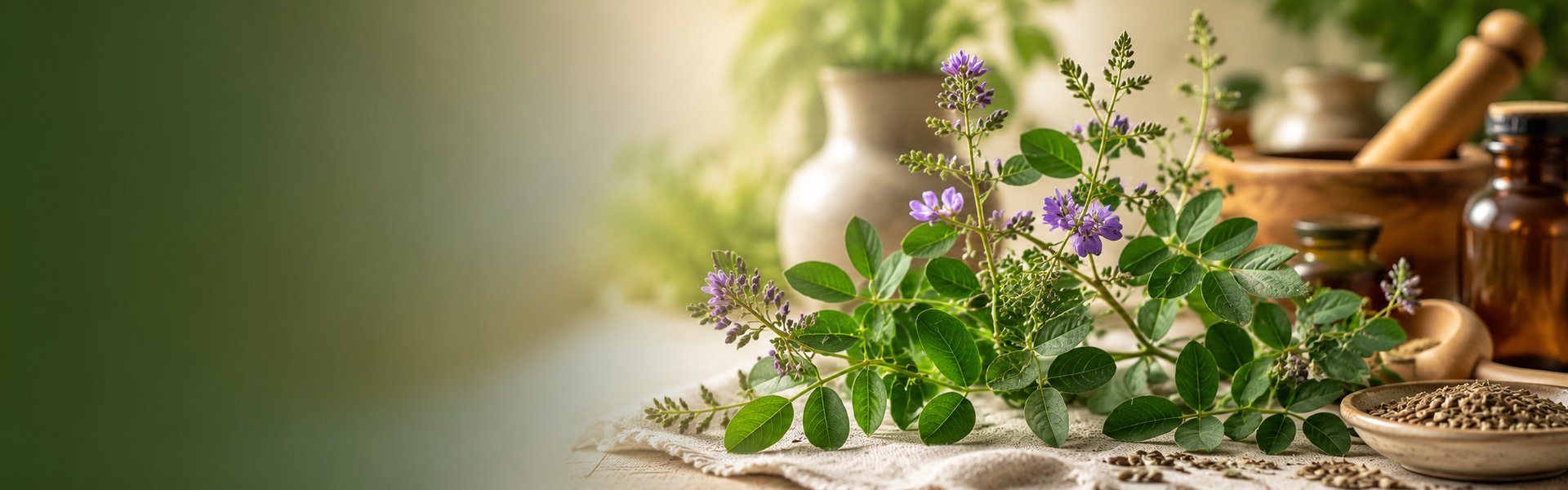 Feuilles de desmodium, plante herbacée tropicale d'Afrique de l'Ouest, évoquant le soutien du foie et la détox
