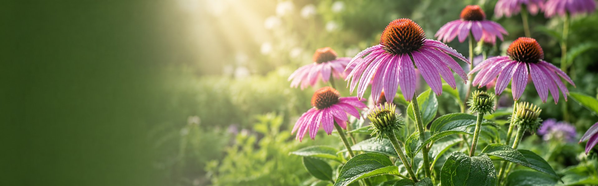 Fleurs d'échinacée pourpre (Echinacea purpurea), plante des défenses naturelles, évoquant une cure immunitaire d'hiver