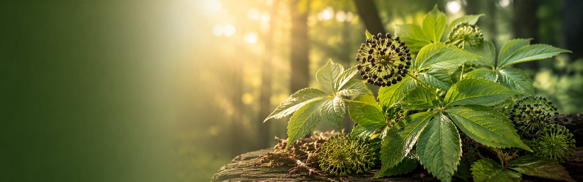 Racine d'éleuthérocoque séchée et gélules disposées près de feuilles vertes sur un fond de bois clair naturel