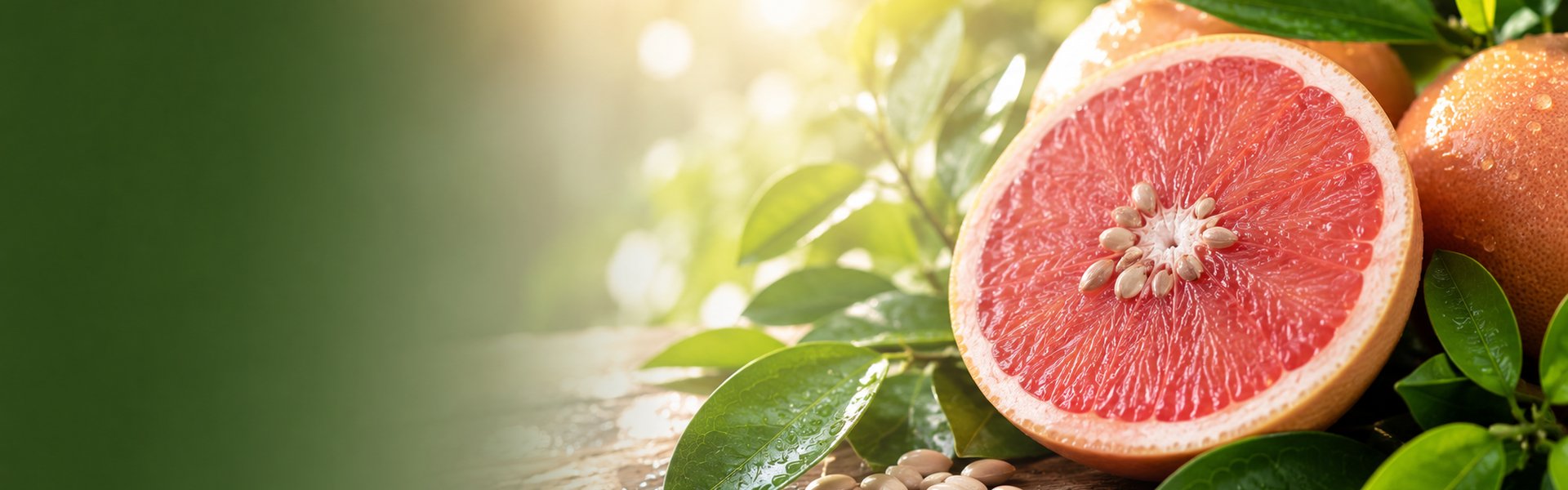 Pamplemousse (Citrus paradisi) coupé et flacon d'extrait de pépins, riche en bioflavonoïdes, pour une cure d'hiver