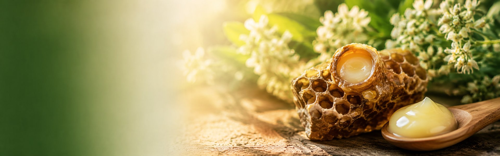 Pot de gelée royale fraîche dorée à la cuillère en bois, avec rayons de miel et abeilles ouvrières en arrière-plan