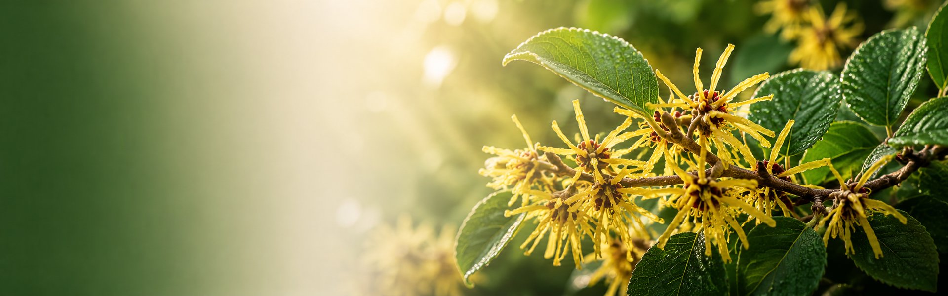 Rameau d'hamamélis aux fleurs jaunes filiformes posé près de gélules végétales sur un fond de bois clair