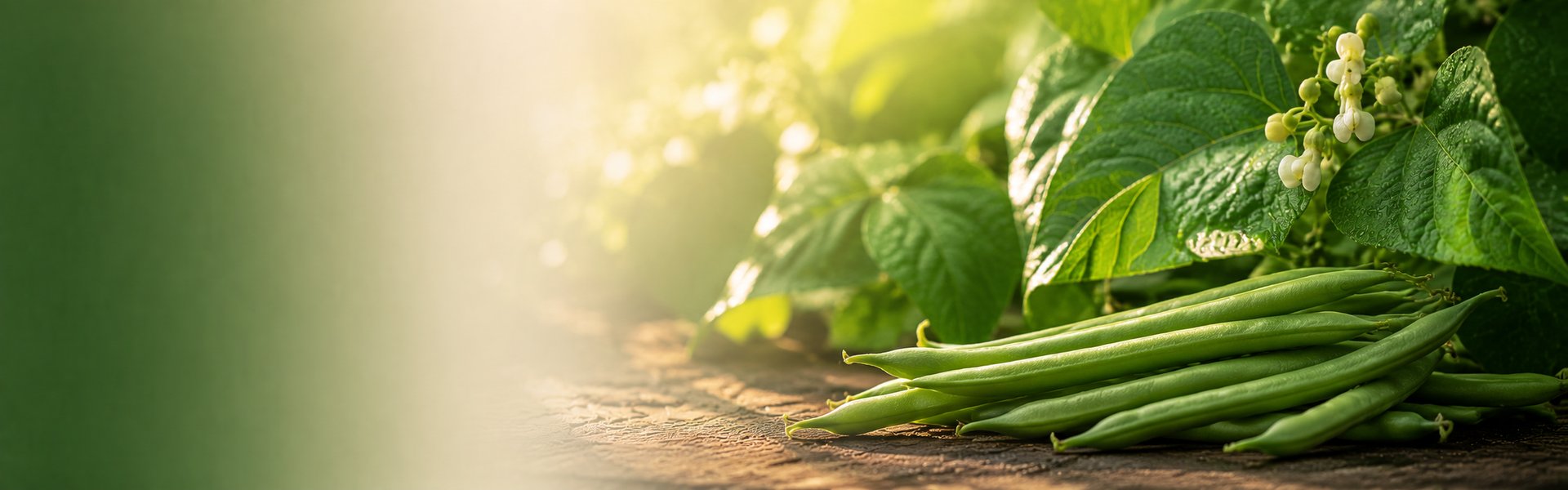 Cosses de haricots verts ouvertes révélant leurs graines, posées sur un plan de travail en bois clair