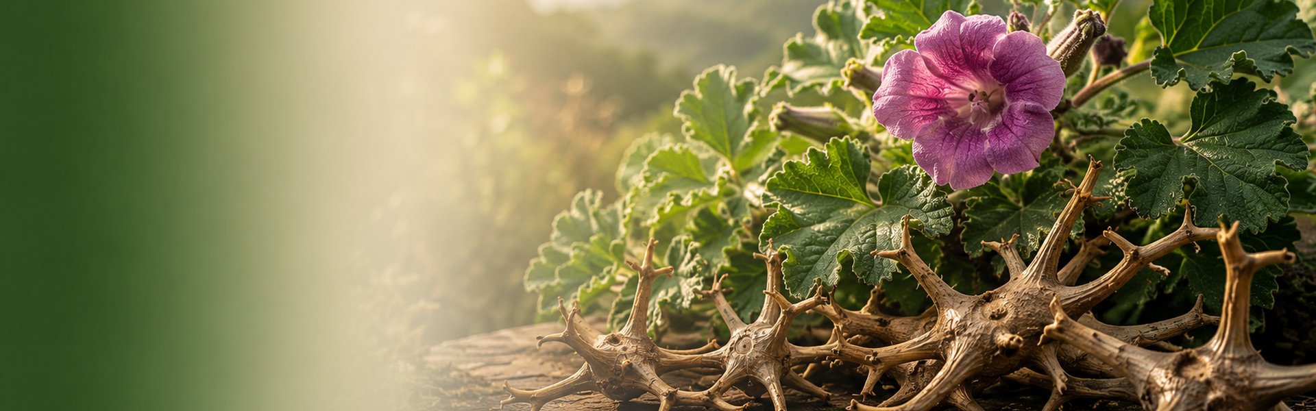 Racine séchée d'harpagophytum et son fruit crochu sur une table en bois clair, ambiance phytothérapie naturelle