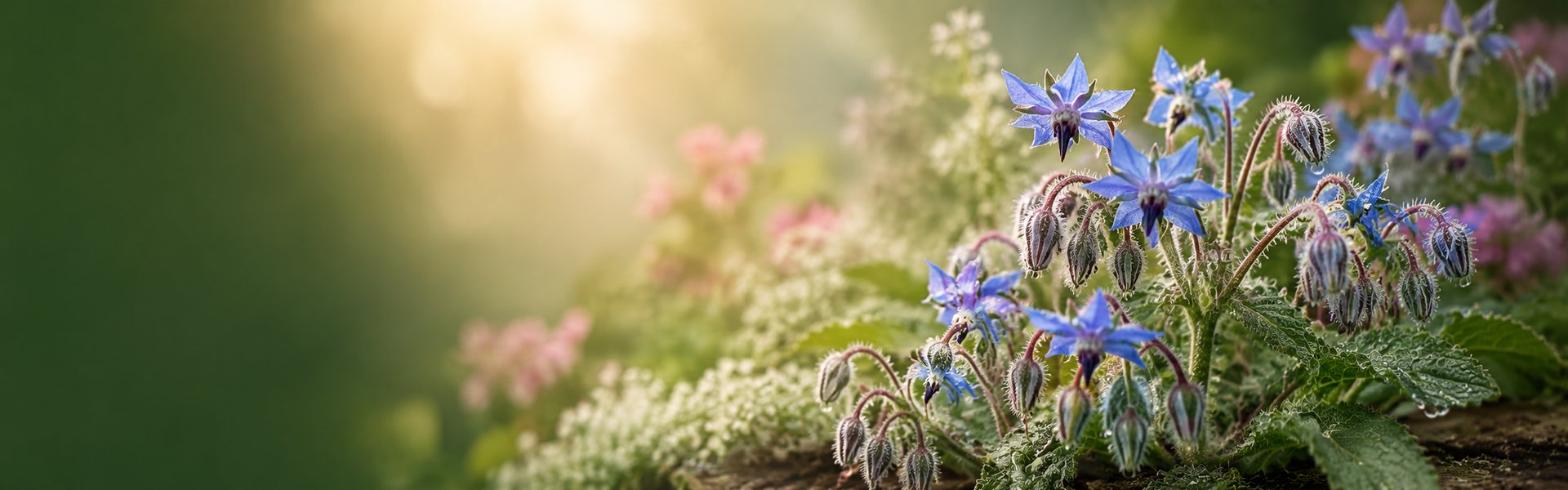 Fleurs bleues étoilées de bourrache et capsules d'huile dorées posées sur un linge clair