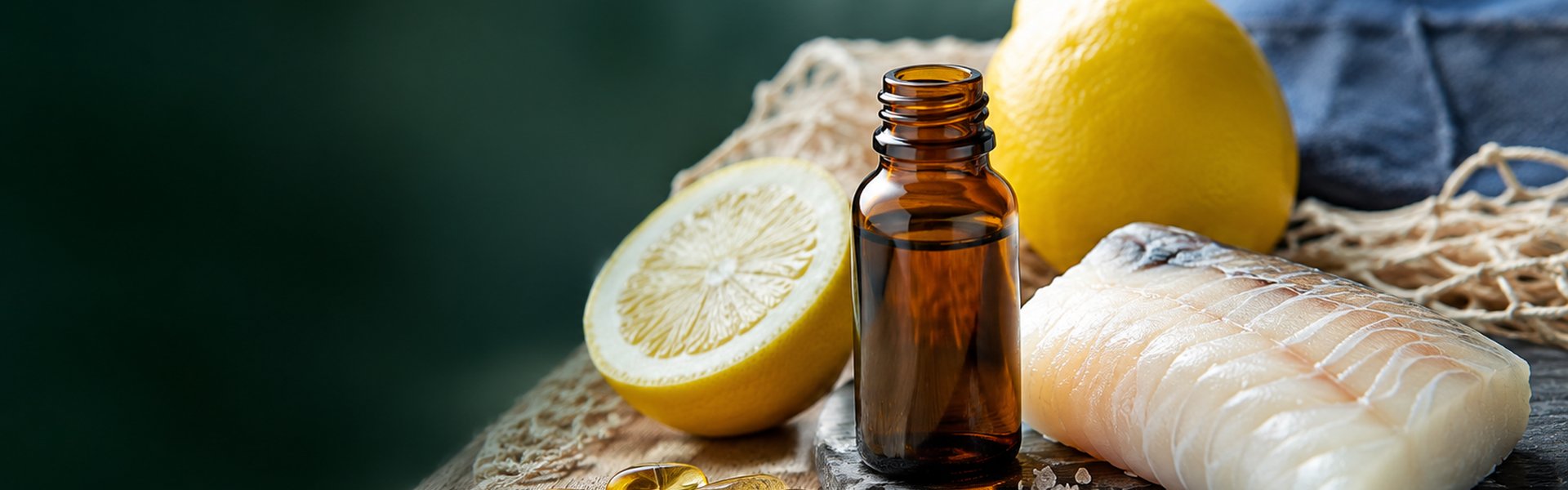 Capsules ambrées d'huile de foie de morue posées près d'un poisson et de citrons, ambiance hivernale naturelle