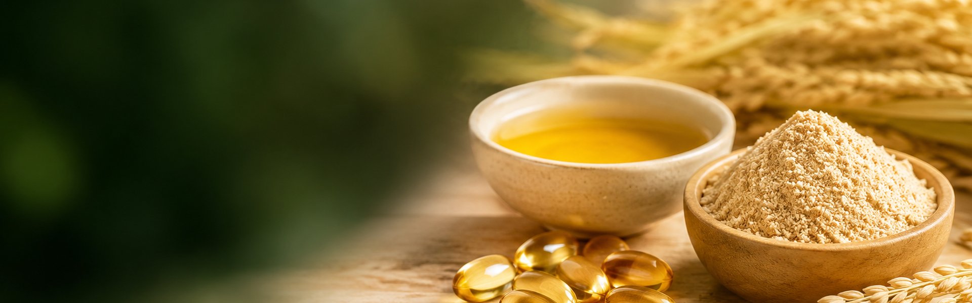 Capsules dorées d'huile de son de riz posées près d'épis de riz et de son, ambiance naturelle et lumineuse