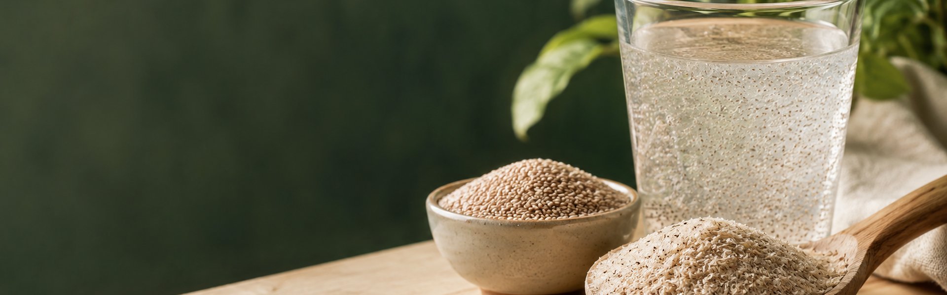 Téguments d'ispaghul (psyllium blond, Plantago ovata) dans une cuillère en bois sur un plan de travail clair