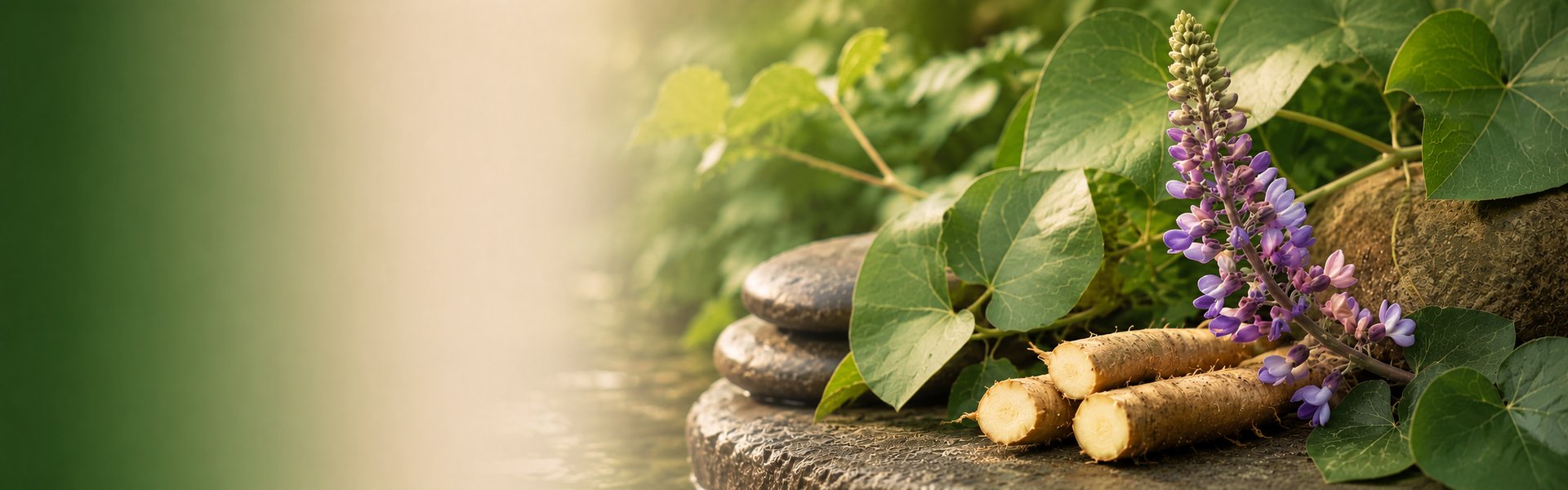 Racine de kudzu (Pueraria lobata) séchée et gélules posées sur un plan de travail en bois clair