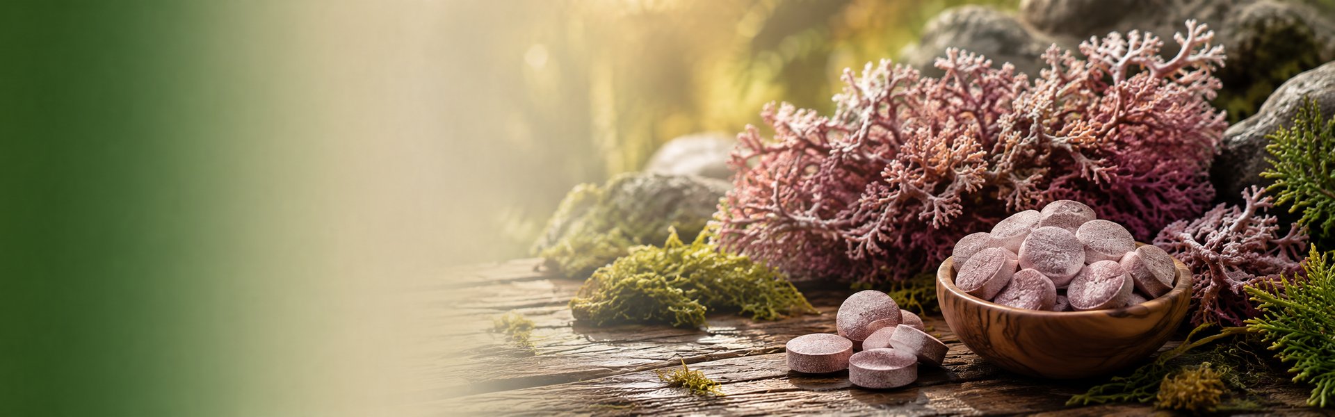 Comprimés de lithothamne et algue calcaire Lithothamnium calcareum séchée sur un fond clair naturel