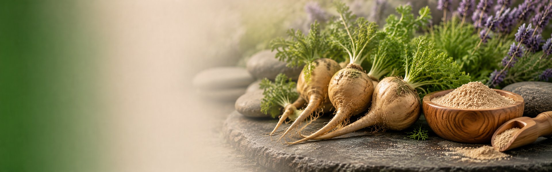 Comprimés de maca bio et racine de Lepidium meyenii des Andes péruviennes sur un fond clair naturel
