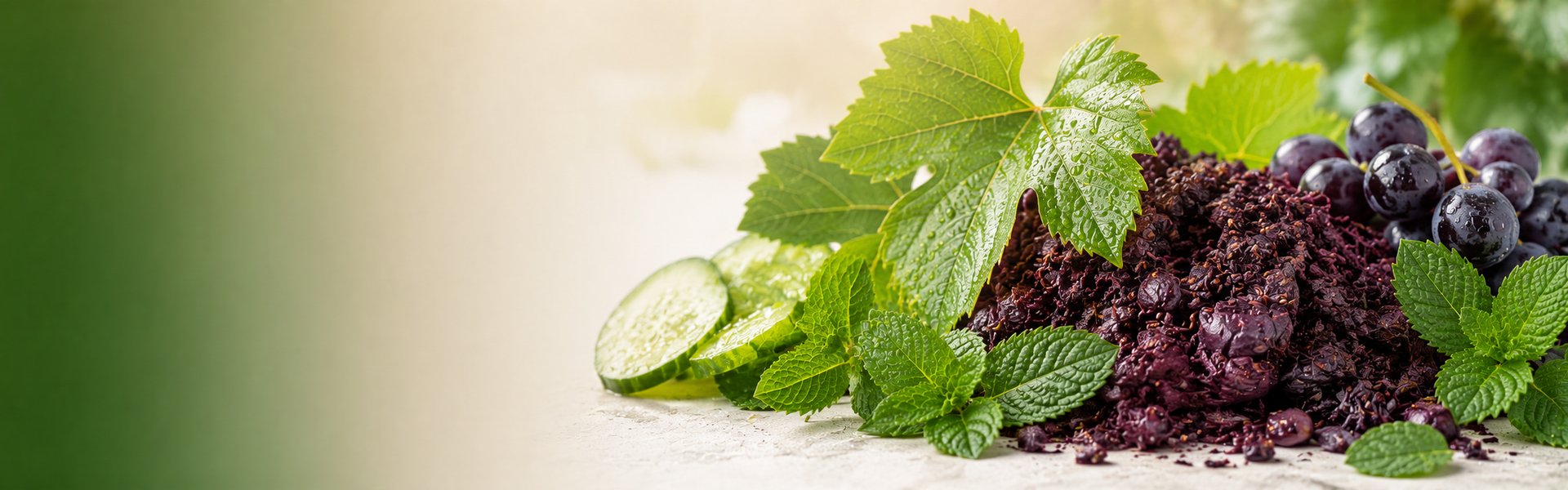 Grappes de raisin noir et poudre de marc de raisin posées sur une table en bois clair dans un chai