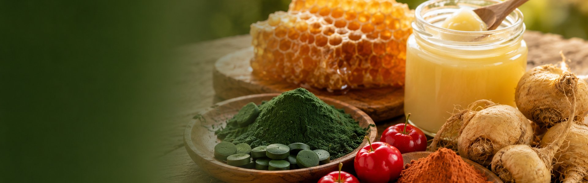 Compléments anti-fatigue naturels : gelée royale, spiruline bio, fer, acérola et maca sur un plan clair