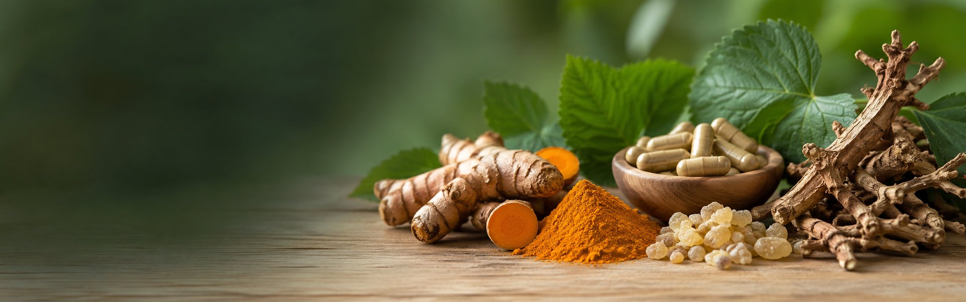 Compléments naturels pour les articulations : harpagophytum, curcuma bio, glucosamine et boswellia sur un plan clair
