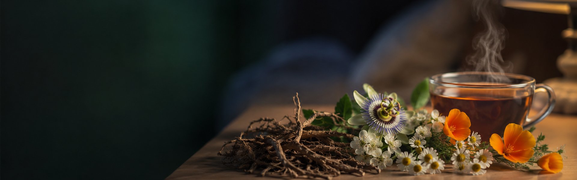 Sélection de plantes et compléments naturels pour favoriser le sommeil posés sur une table de chevet le soir
