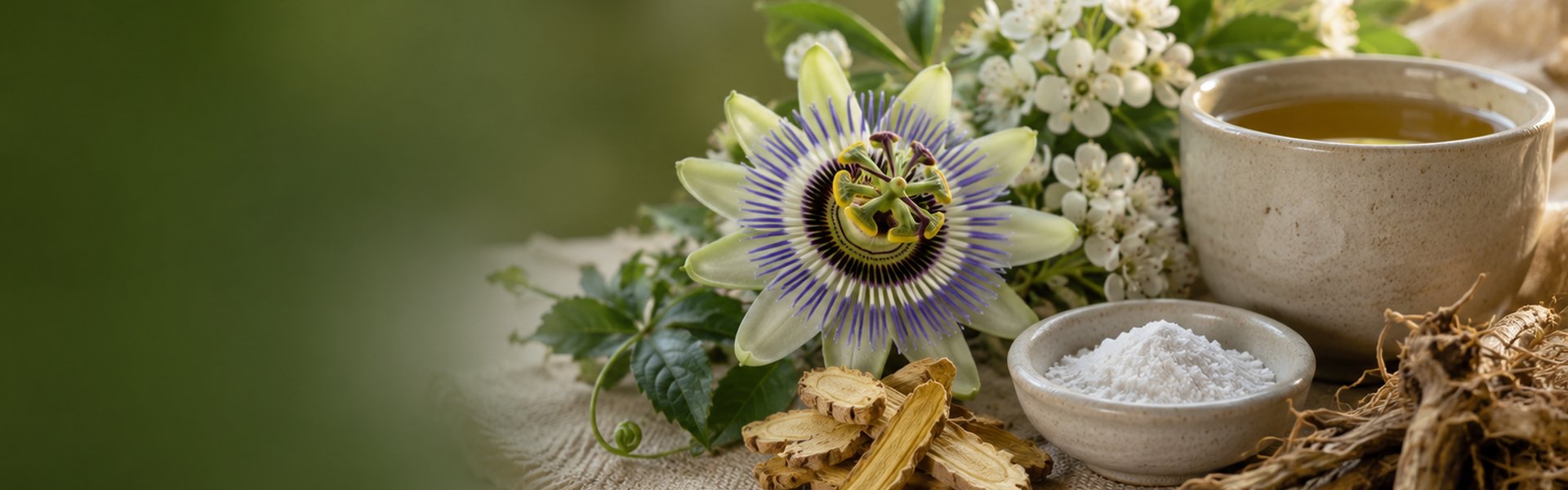 Compléments naturels contre le stress : passiflore bio, magnésium marin, rhodiole et valériane sur un plan clair