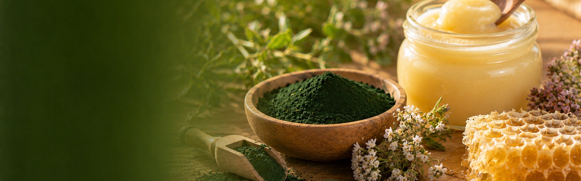 Poudre de spiruline verte et pot de gelée royale dorée côte à côte sur fond bois clair
