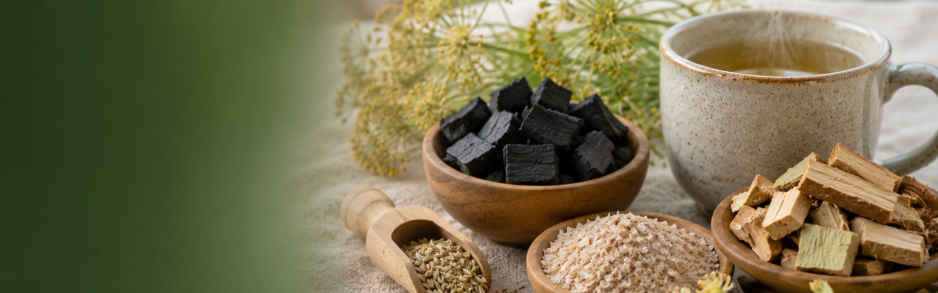 Compléments naturels pour digestion et ballonnements : charbon végétal, graines de fenouil bio et ferments lactiques