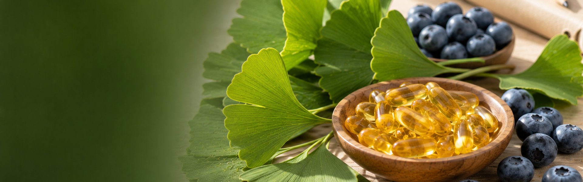 Compléments naturels pour la mémoire : feuilles de ginkgo biloba, capsules d'oméga-3 DHA et lécithine de soja