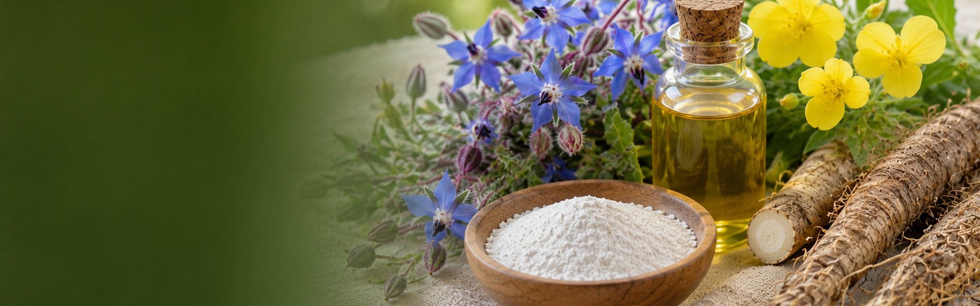Compléments naturels pour la peau : capsules d'huile de bourrache, collagène marin et gélules d'acide hyaluronique