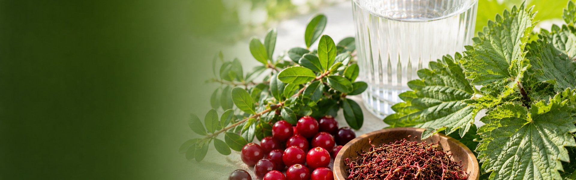 Compléments naturels pour le confort urinaire féminin : gélules de cranberry, feuilles de busserole bio et queue de cerise