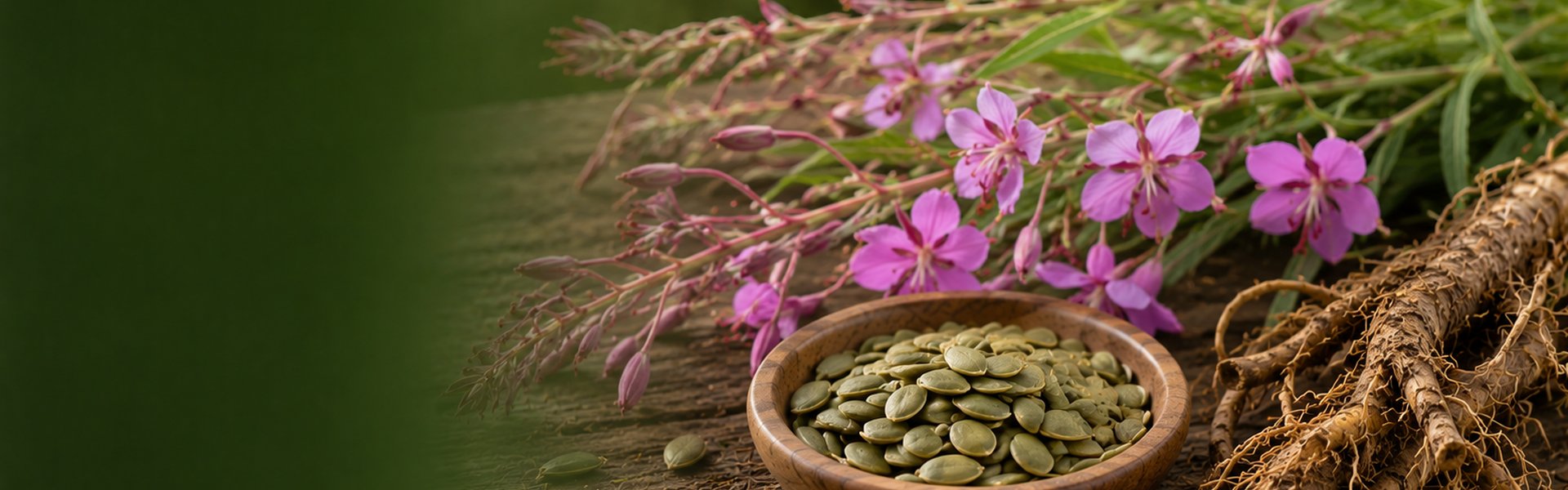 Plantes naturelles pour le confort urinaire masculin et la prostate : racines d'ortie, pépins de courge et épilobe séché