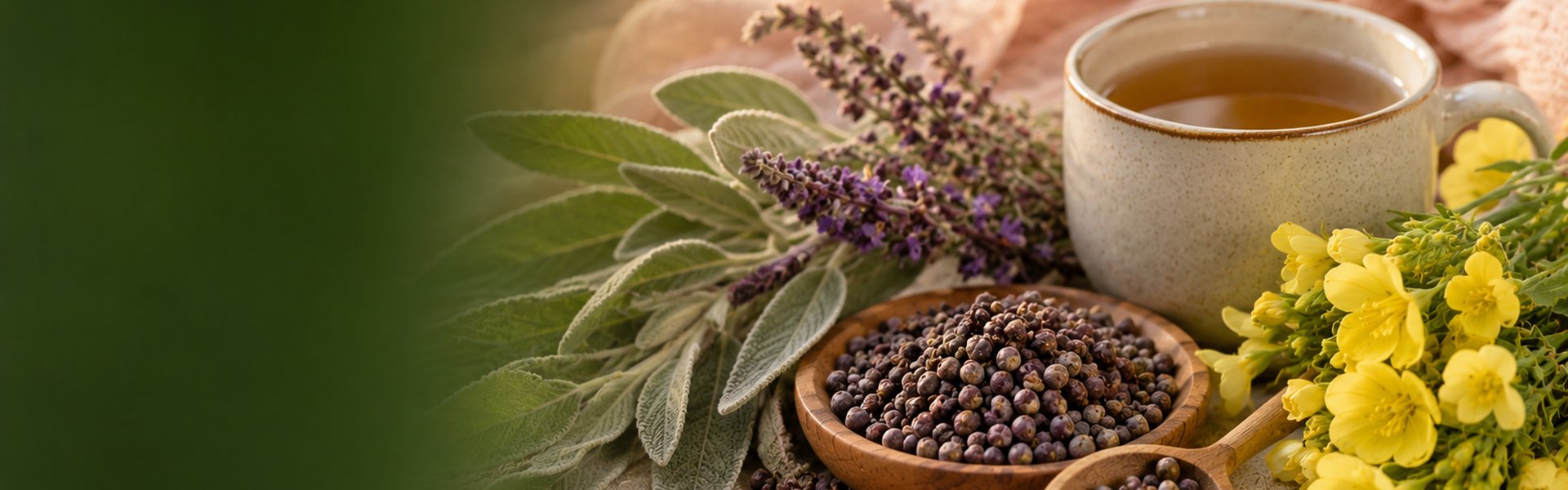 Plantes naturelles pour la ménopause : feuilles de sauge, baies de gattilier et capsules d'huile d'onagre