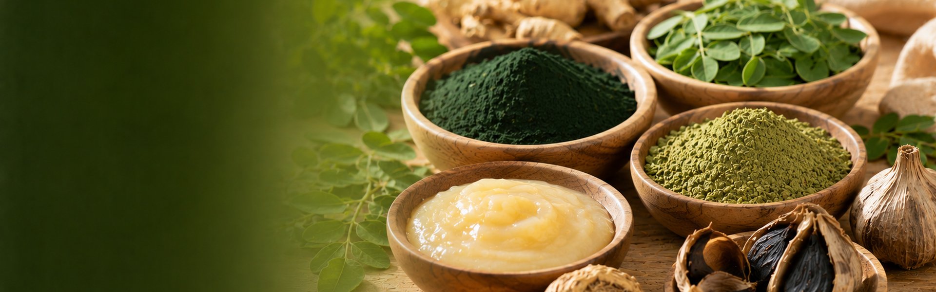 Superaliments naturels pour la vitalité : poudre de spiruline bio, gelée royale, maca bio et perles de chlorella