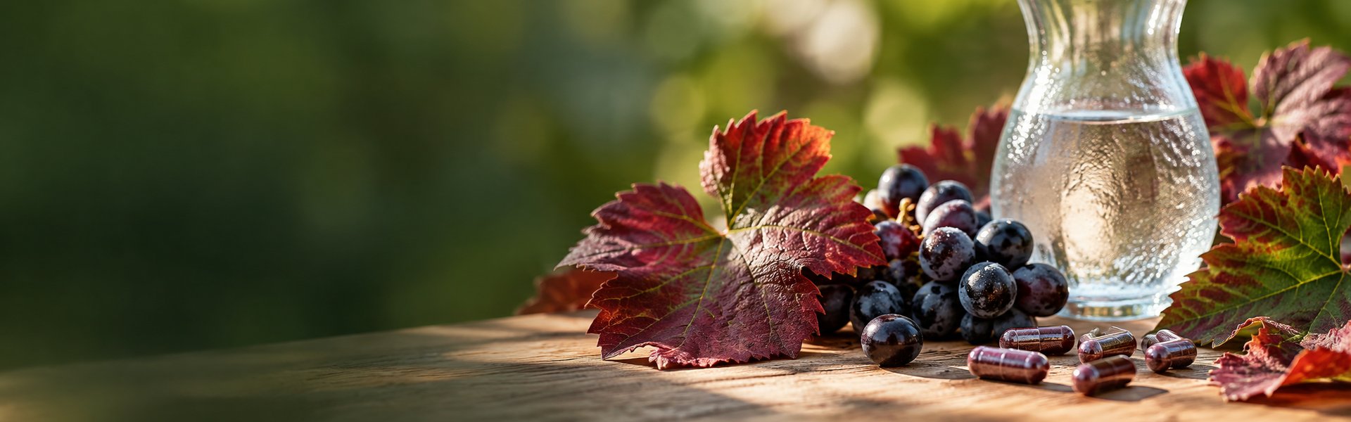 Feuilles de vigne rouge aux teintes automnales posées près de gélules sur un plan de travail clair, ambiance fin d'été